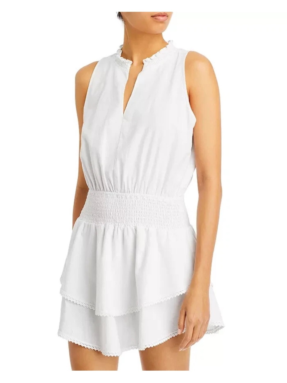 Aqua White Sleeveless Smocked Waist Tiered Mini Dress